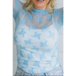 1I1399 SB Lace Mesh Sheer Top Sky Blue Various Sizes